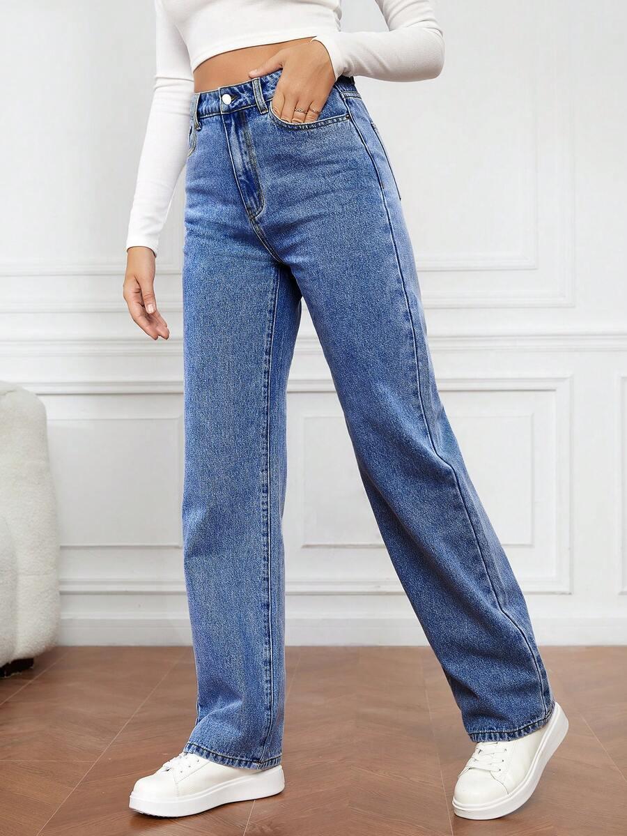 niebieskie spodnie proste jeans wysoki stan