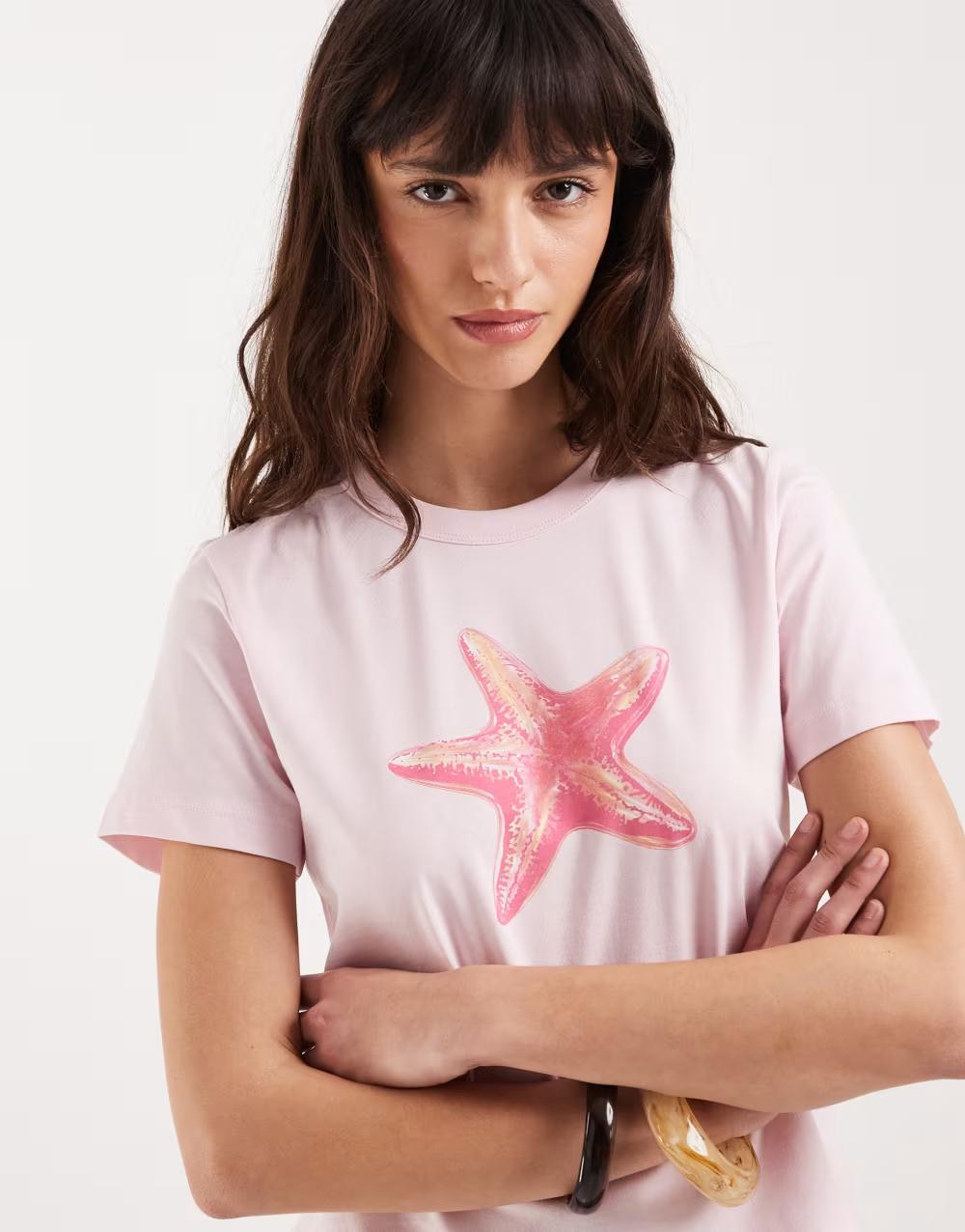 różowy t-shirt z krótkim rękawem nadruk rozgwiazda