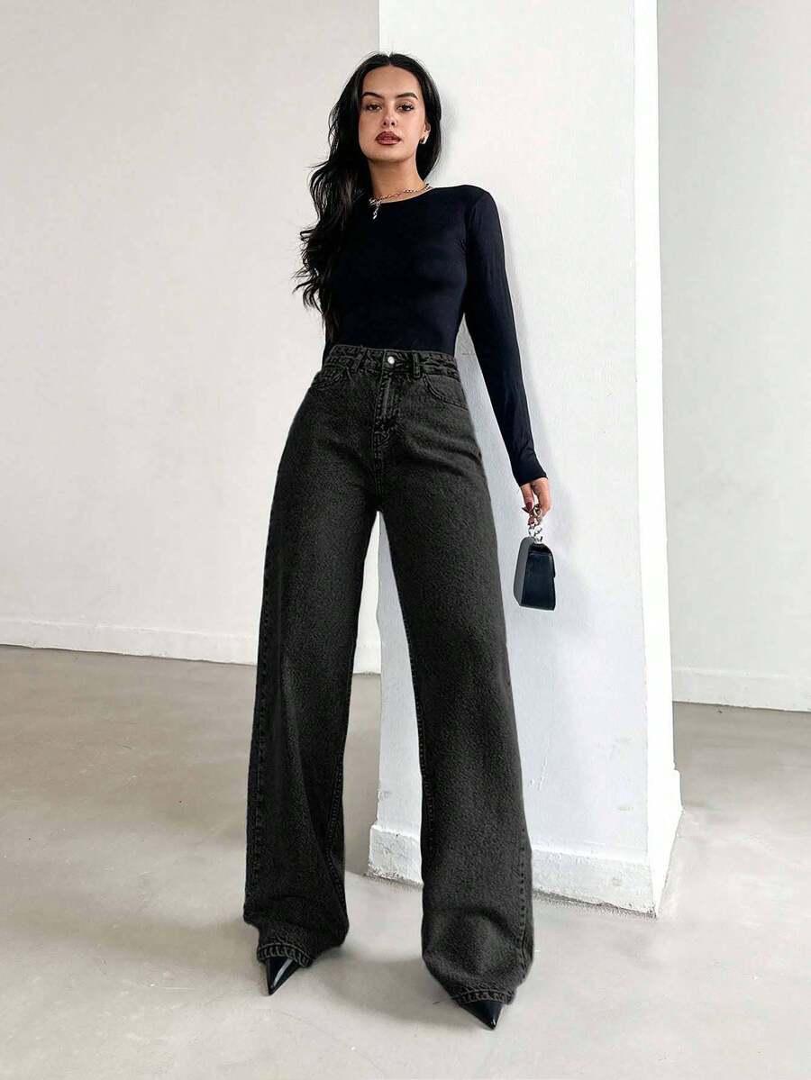 CZARNE PROSTE SPODNIE JEANS WYSOKI STAN