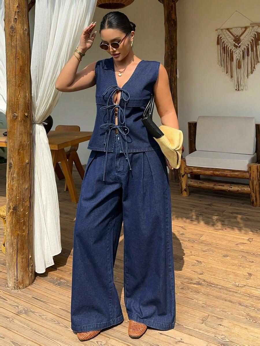 komplet jeans spodnie top