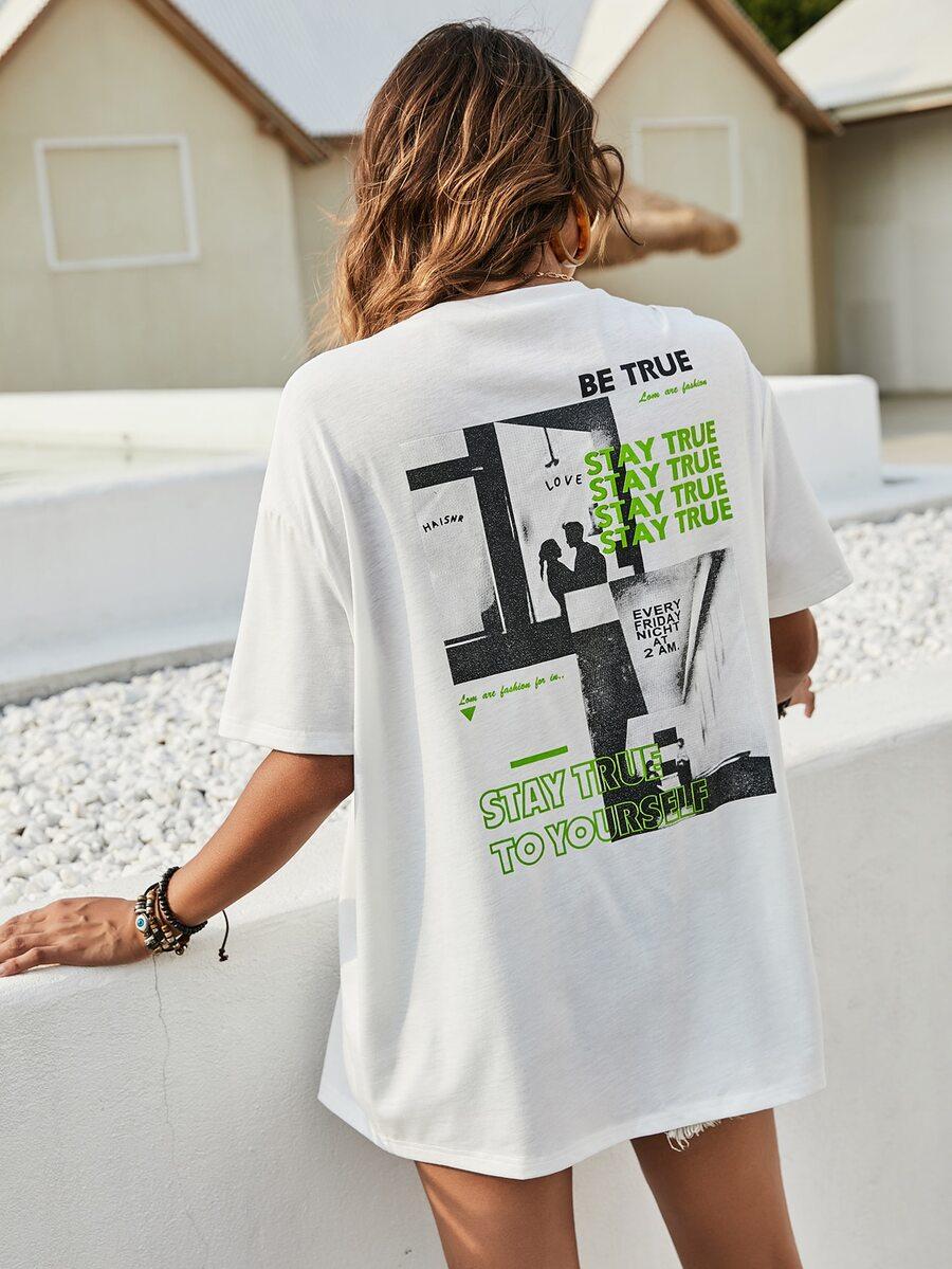 biały t-shirt okrągły dekolt print