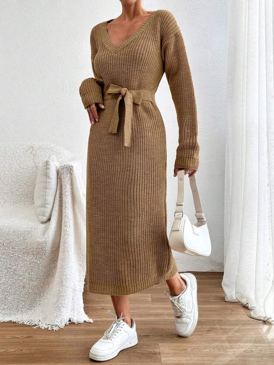 dzianinowa sukienka wiązanie v-neck