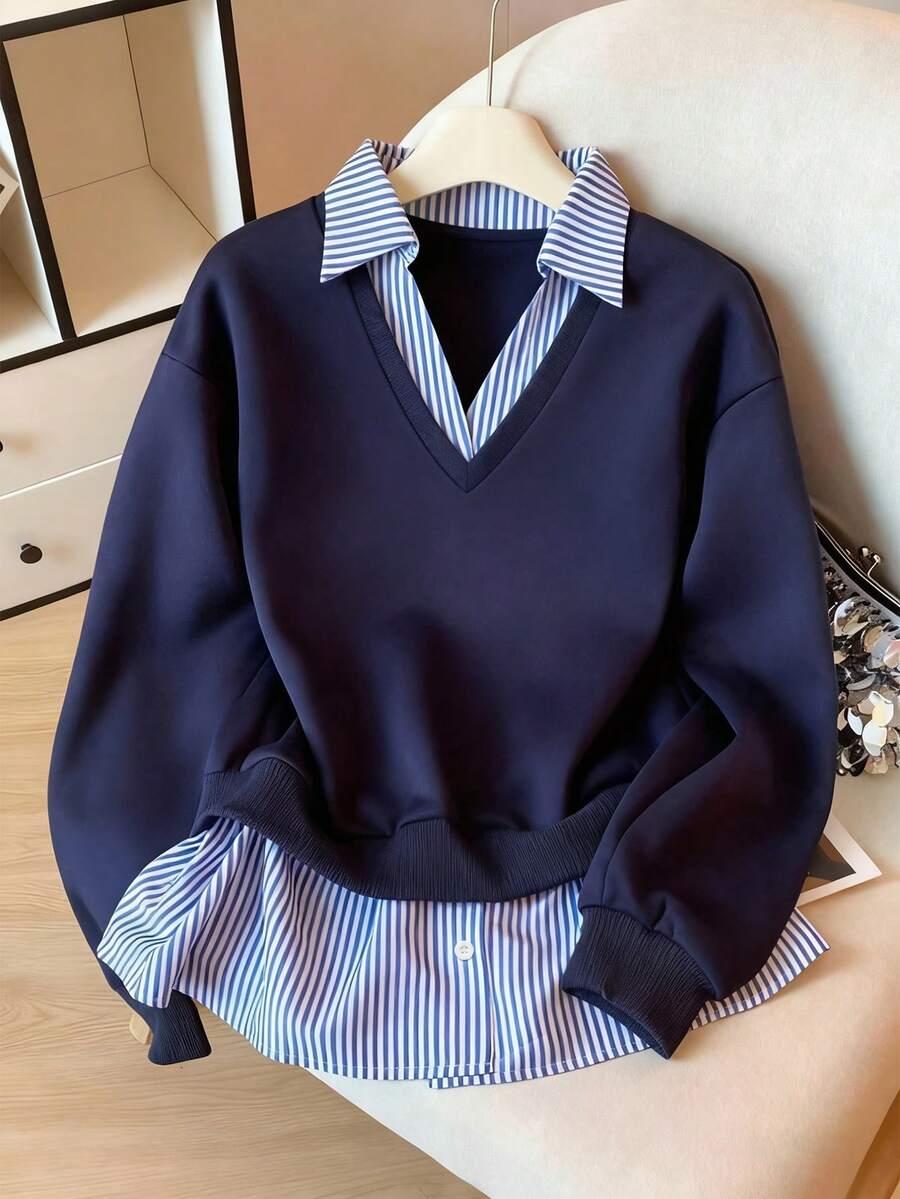 GRANATOWA BLUZA ŁĄCZENIE KOŁNIERZYK 
