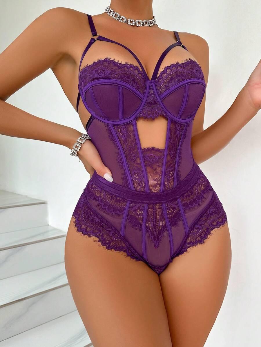fioletowe body wstawki koronka
