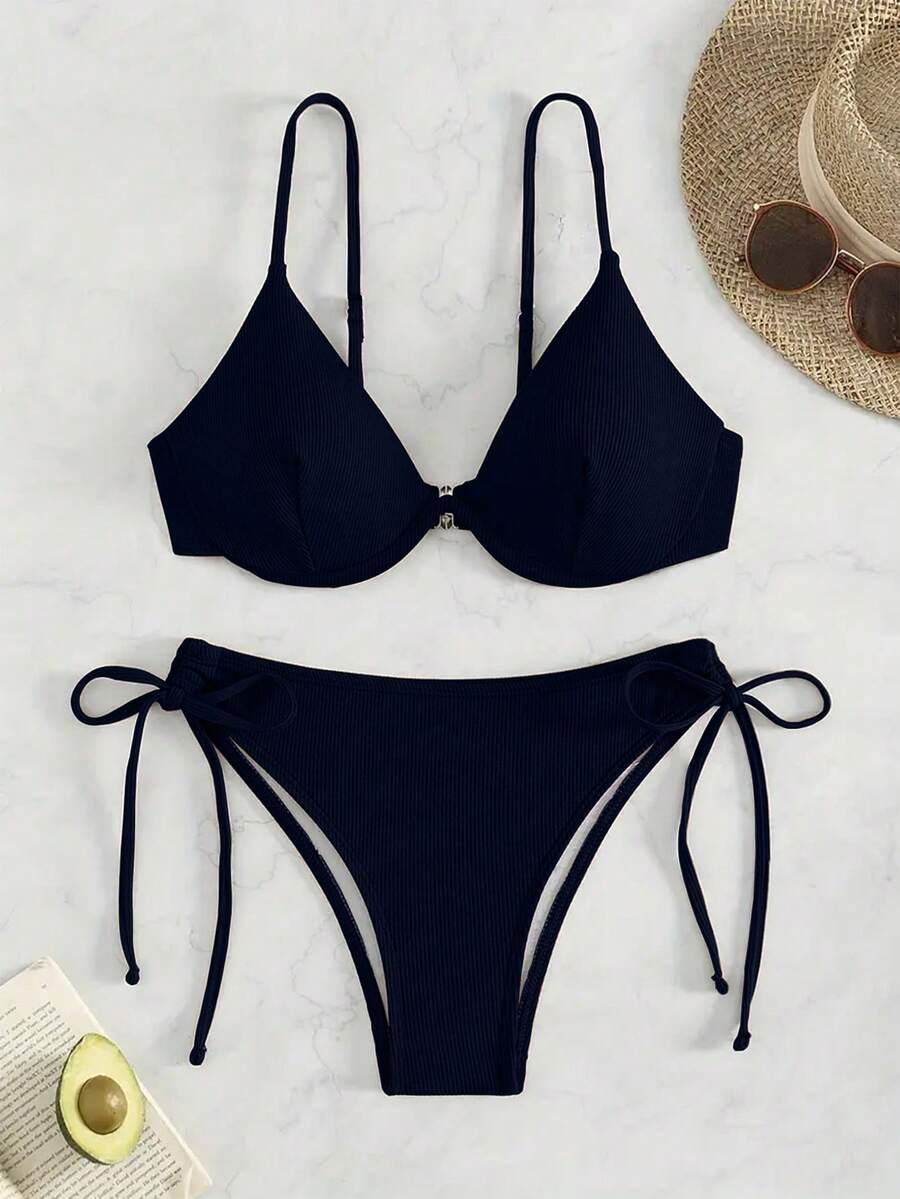 granatowa góra od bikini fiszbiny prążki