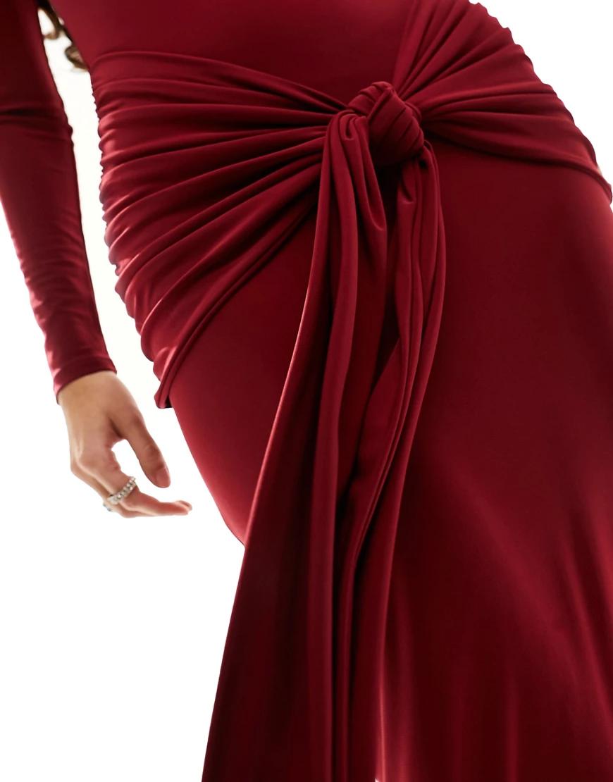bordowa maxi sukienka długi rękaw splot