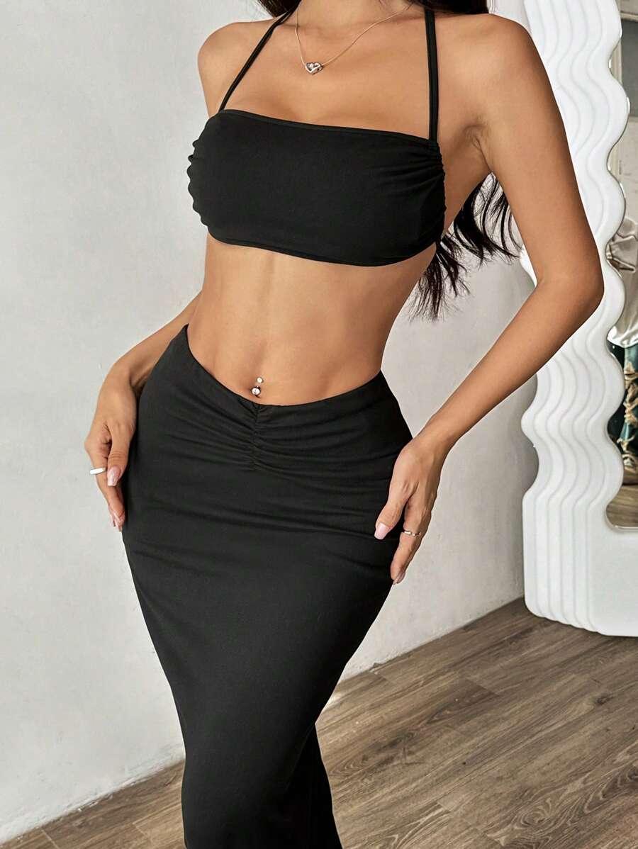 czarny komplet spódnica marszczenie crop top