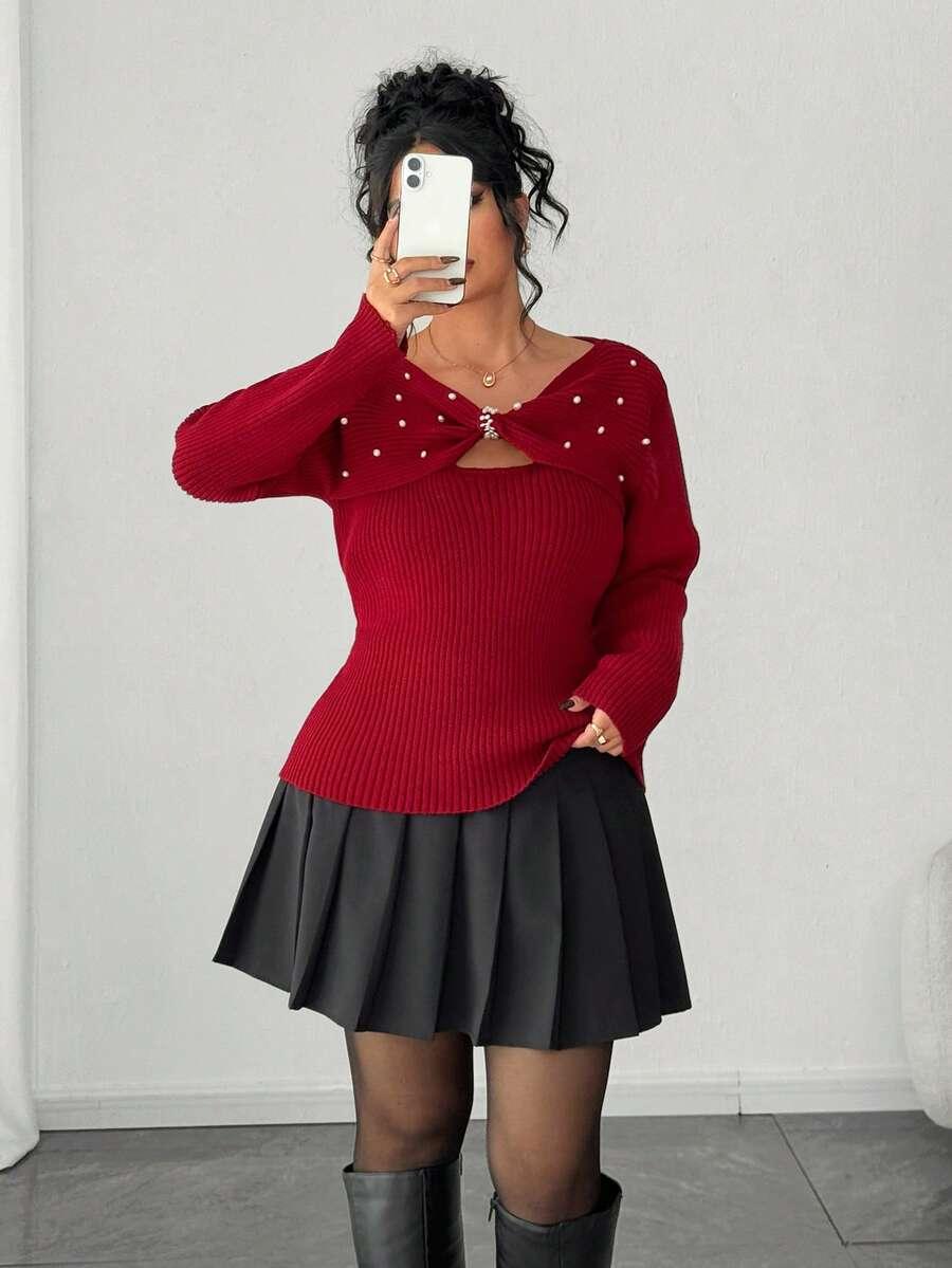 CZERWONY SWETER ZDOBIENIE 