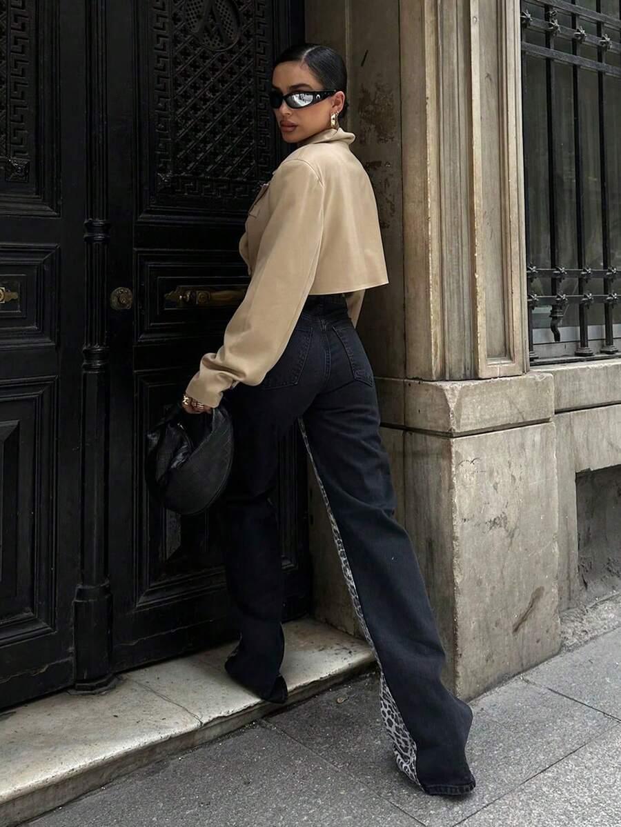CZARNE SPODNIE JEANS ANIMAL PRINT