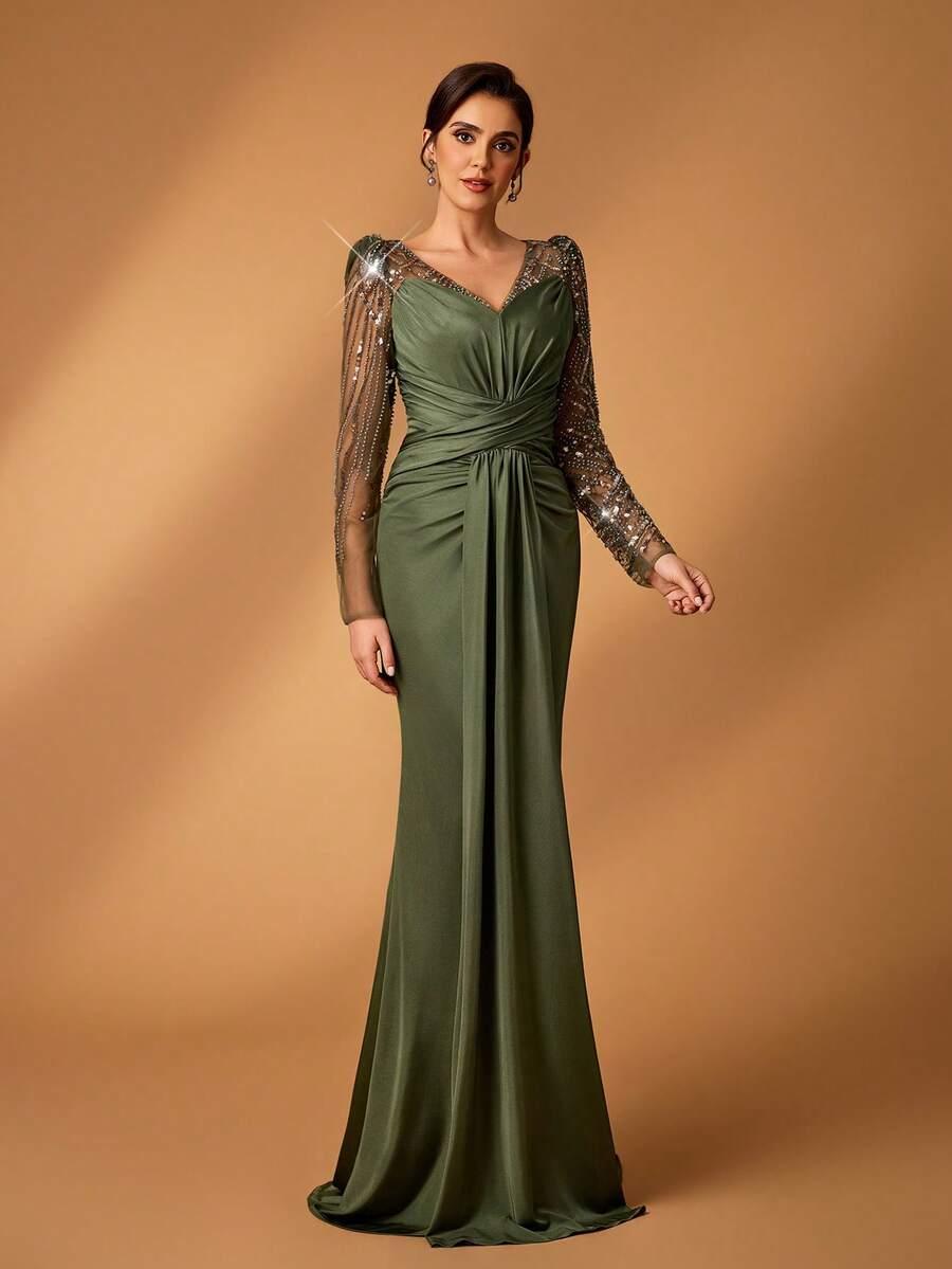 ZIELONA MAXI SUKIENKA V-NECK połysk