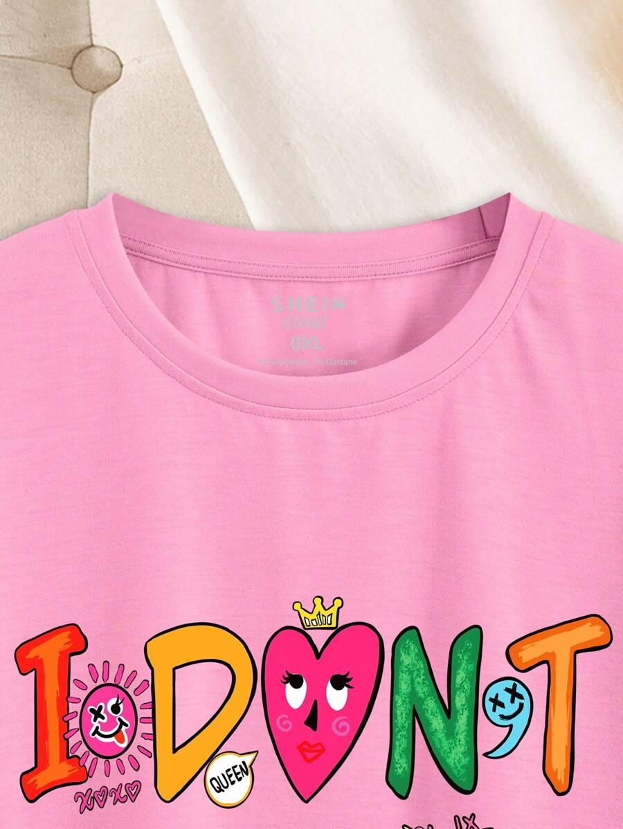 różowy t-shirt okrągły dekolt nadruk