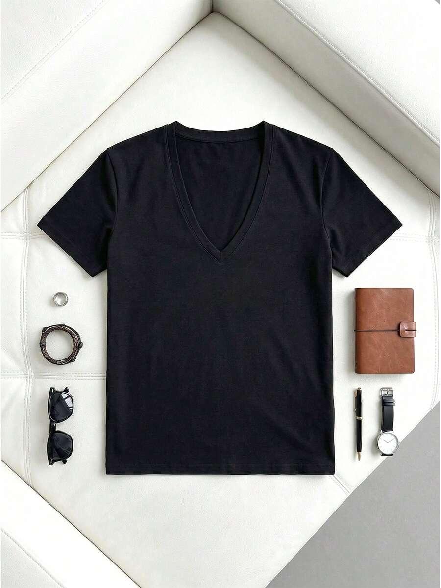 CZARNY T-SHIRT v-neck