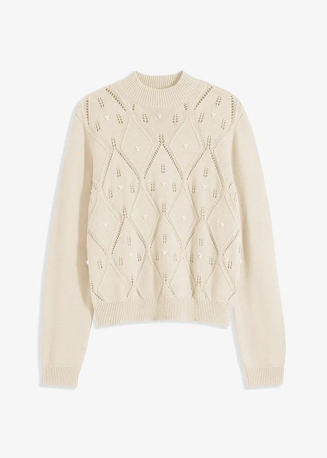 SWETER AŻUROWY Z PEREŁKAMI 