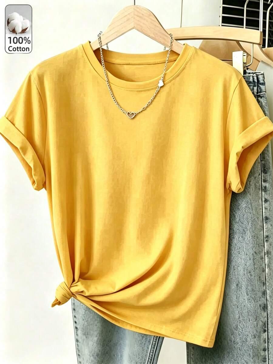 ŻÓŁTY T-SHIRT OKRĄGŁY DEKOLT 