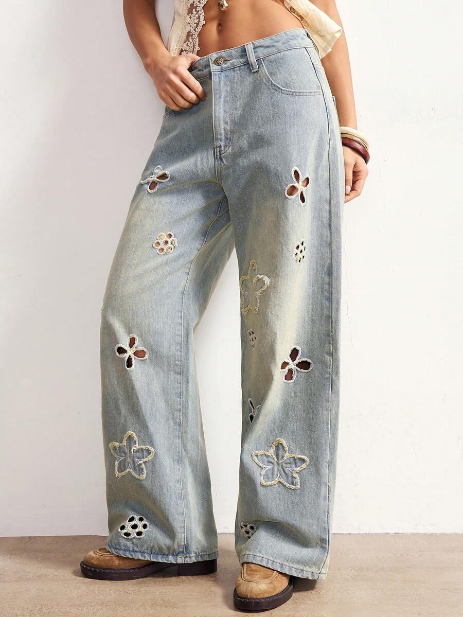 niebieskie jeansy kwiaty