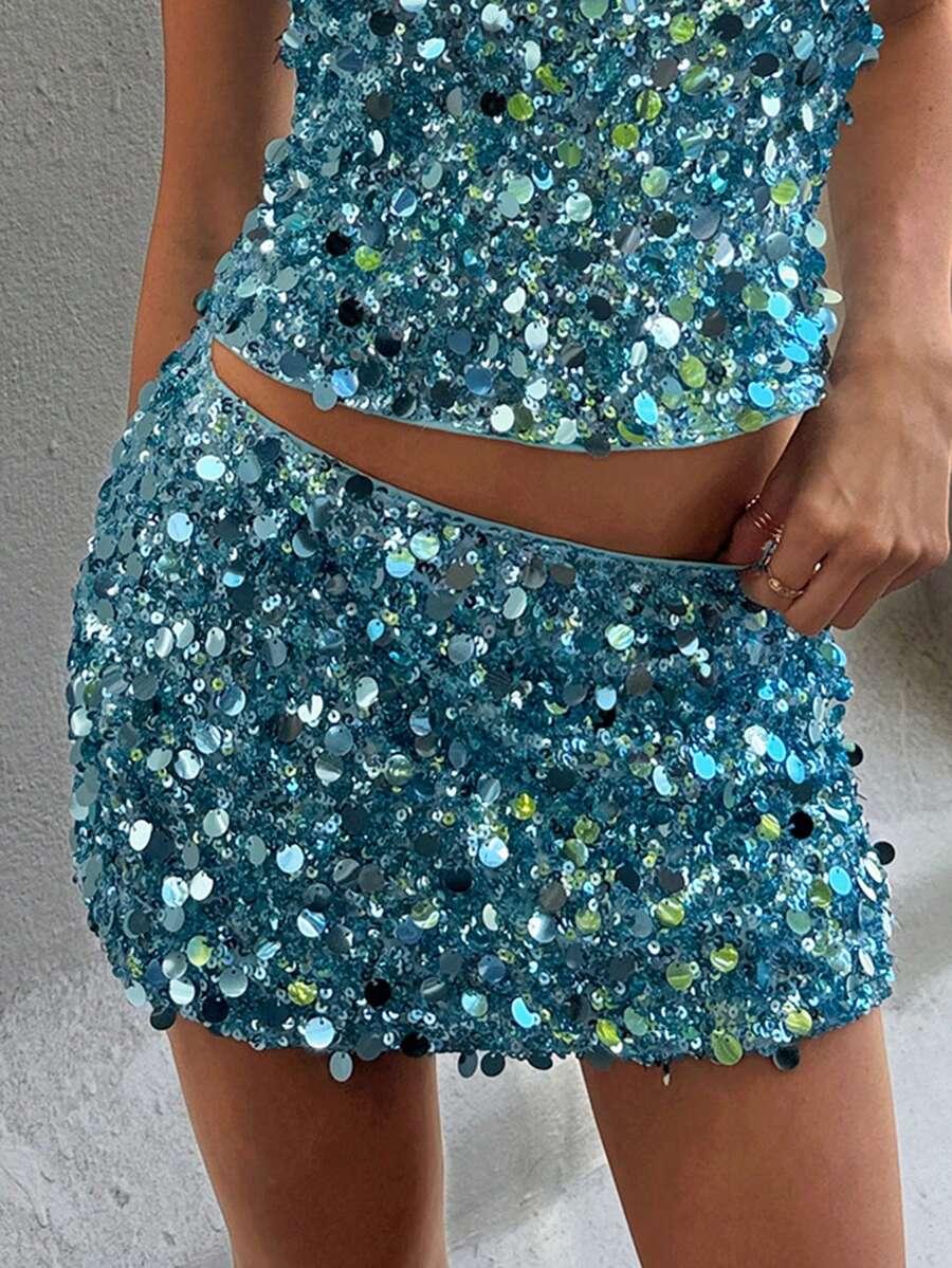 niebieska mini spódnica