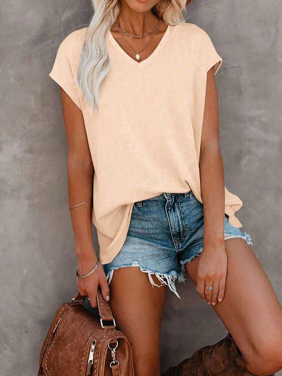 KREMOWY T-SHIRT V-NECK