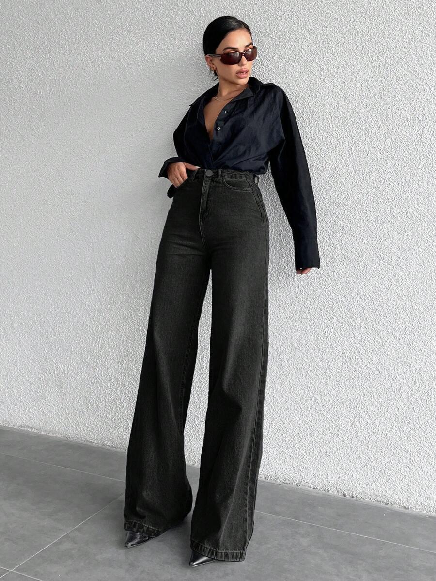 CZARNE SPODNIE JEANS WYSOKI STAN SZEROKIE NOGAWKI