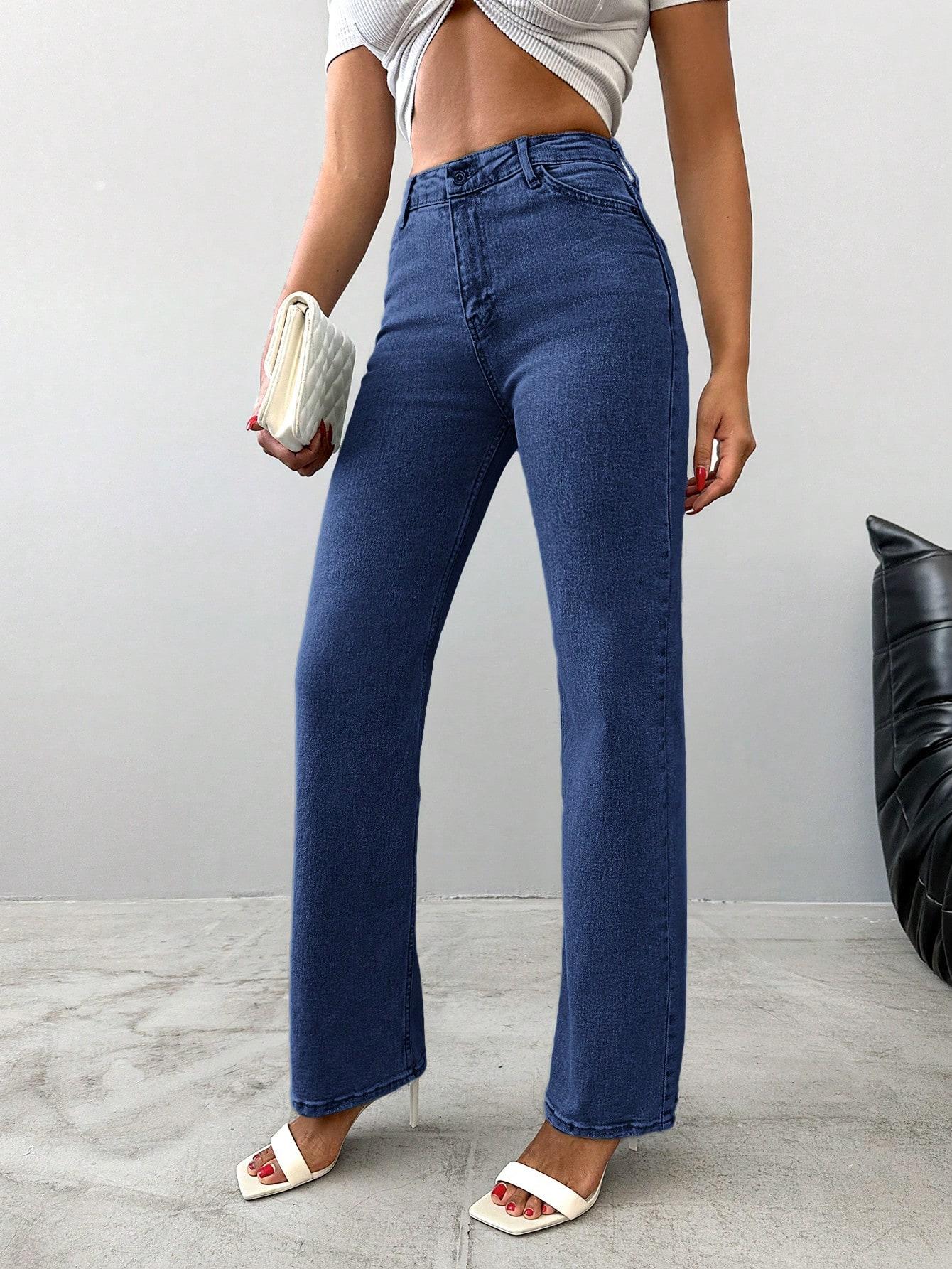 granatowe proste spodnie jeans high waist kieszenie