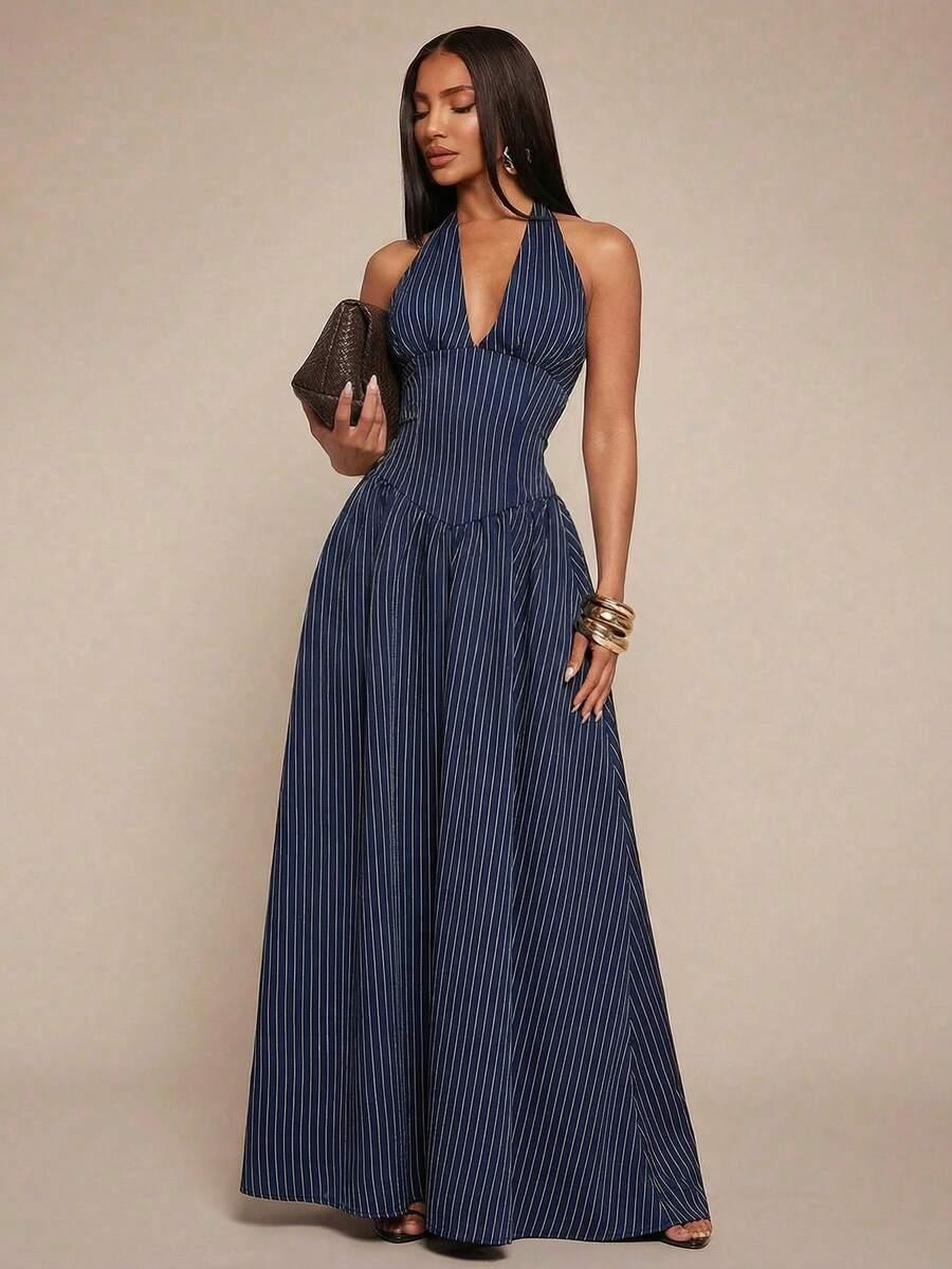 MAXI SUKIENKA V-NECK WZÓR PASKI