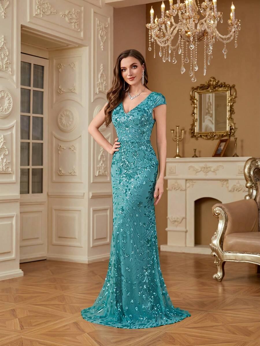 zdobiona maxi sukienka v neck połysk 