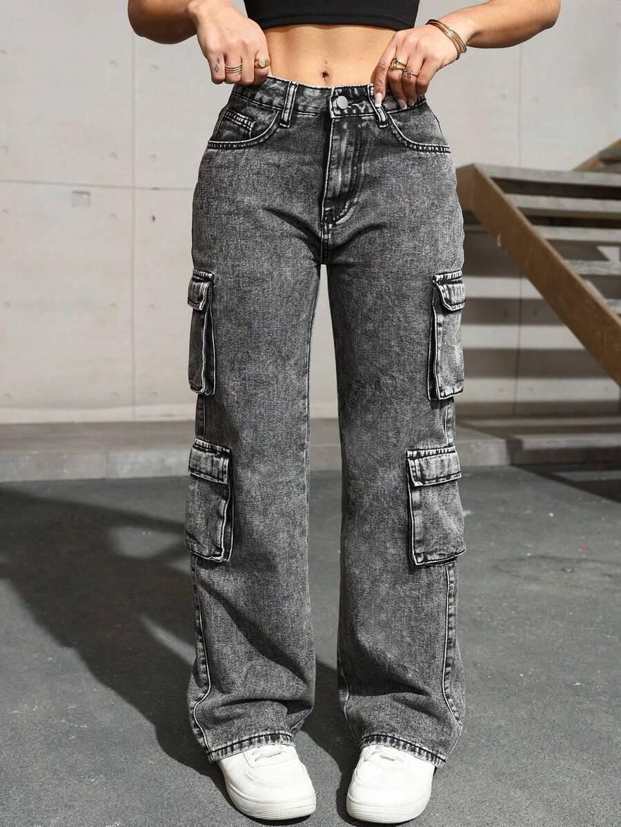 CZARNE SPODNIE JEANS cargo 
