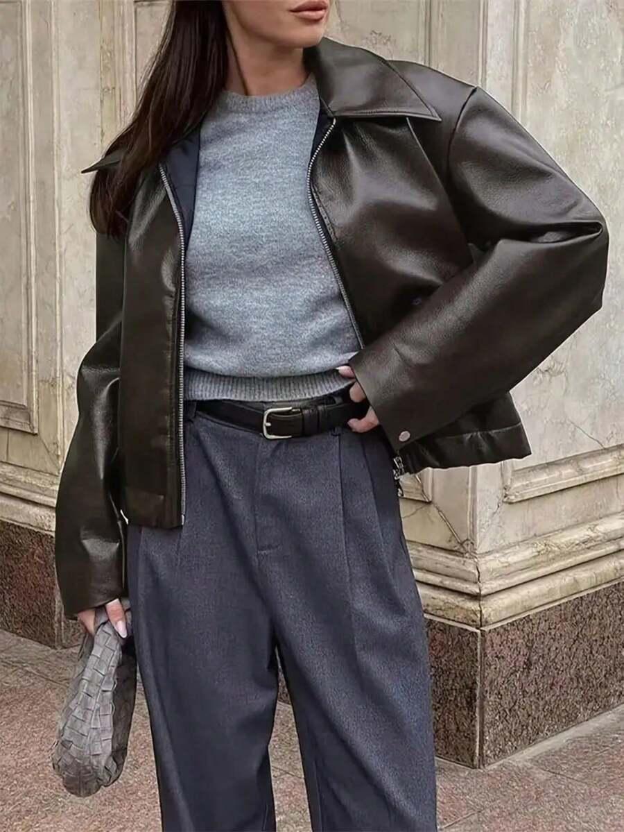 brązowa kurtka imitacja skóry oversize
