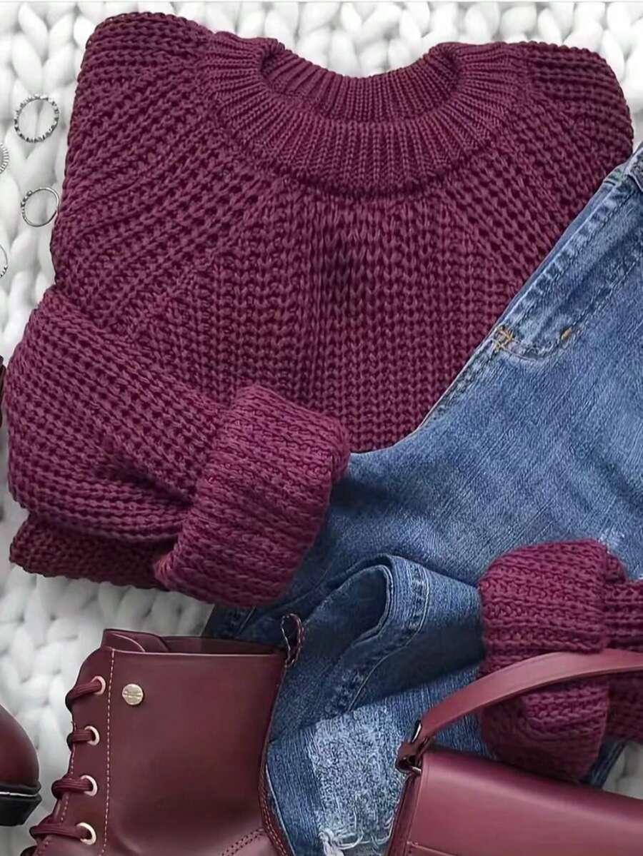 burgundowy sweter okrągły dekolt