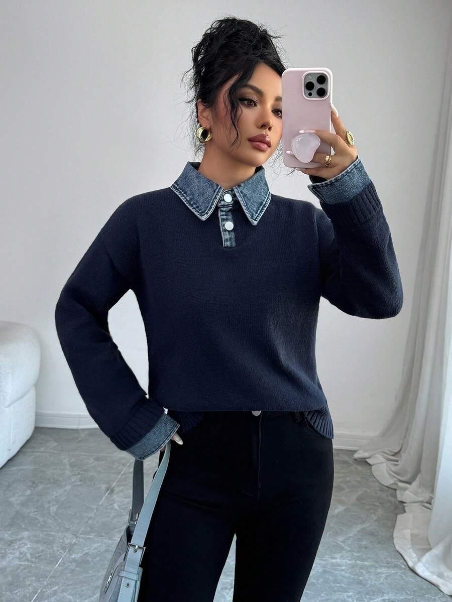 GRANATOWY SWETER KOŁNIERZYK 