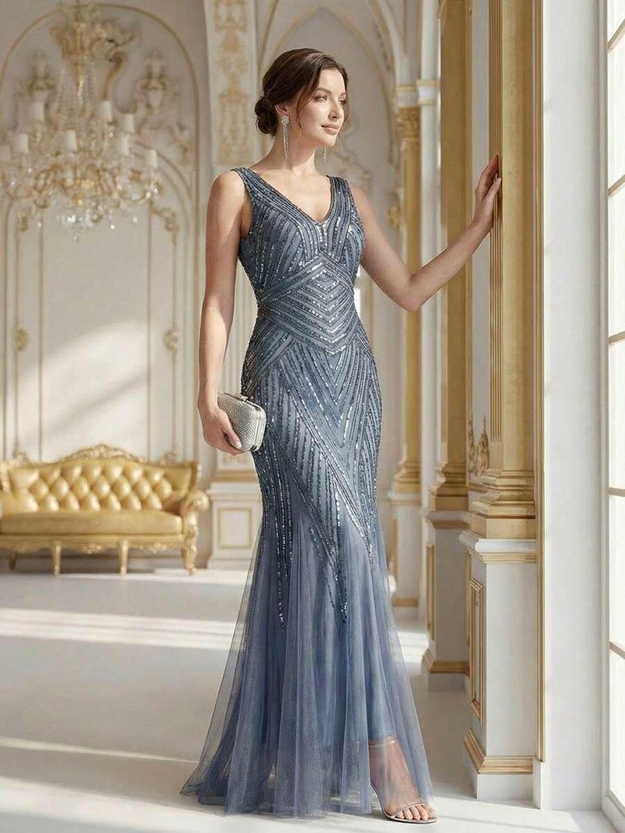 niebieska sukienka maxi cekiny