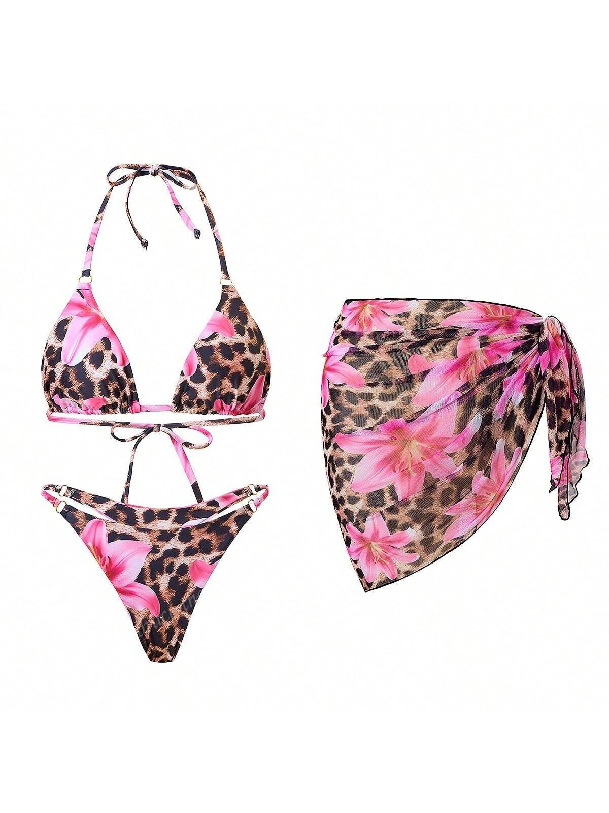 góra od bikini pareo komplet animal print kwiaty 