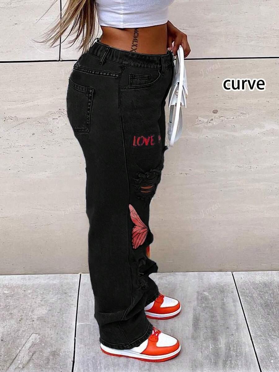 CZARNE SPODNIE JEANS PRINT