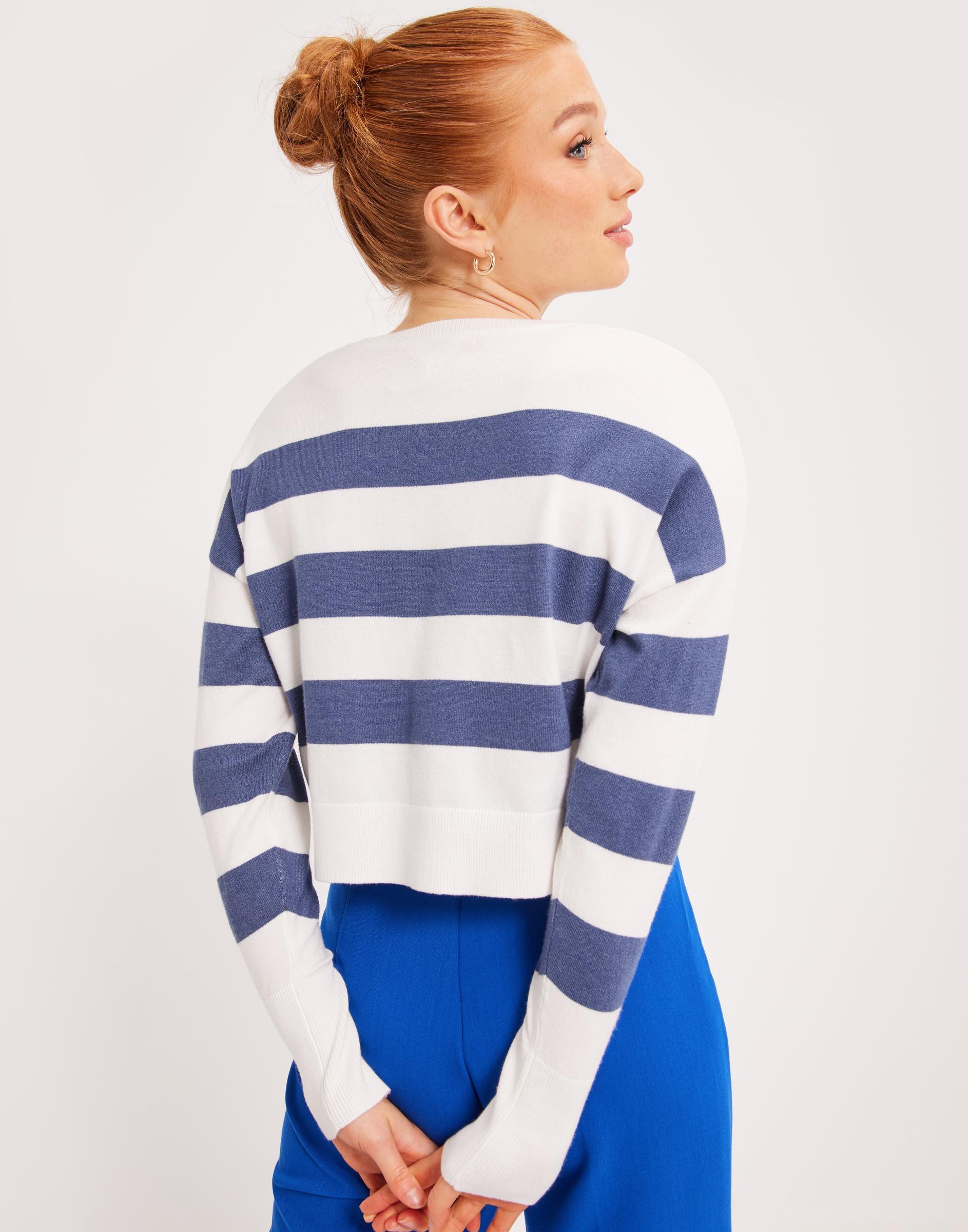 klasyczny sweter z okrągłym dekoltem paski kontrast