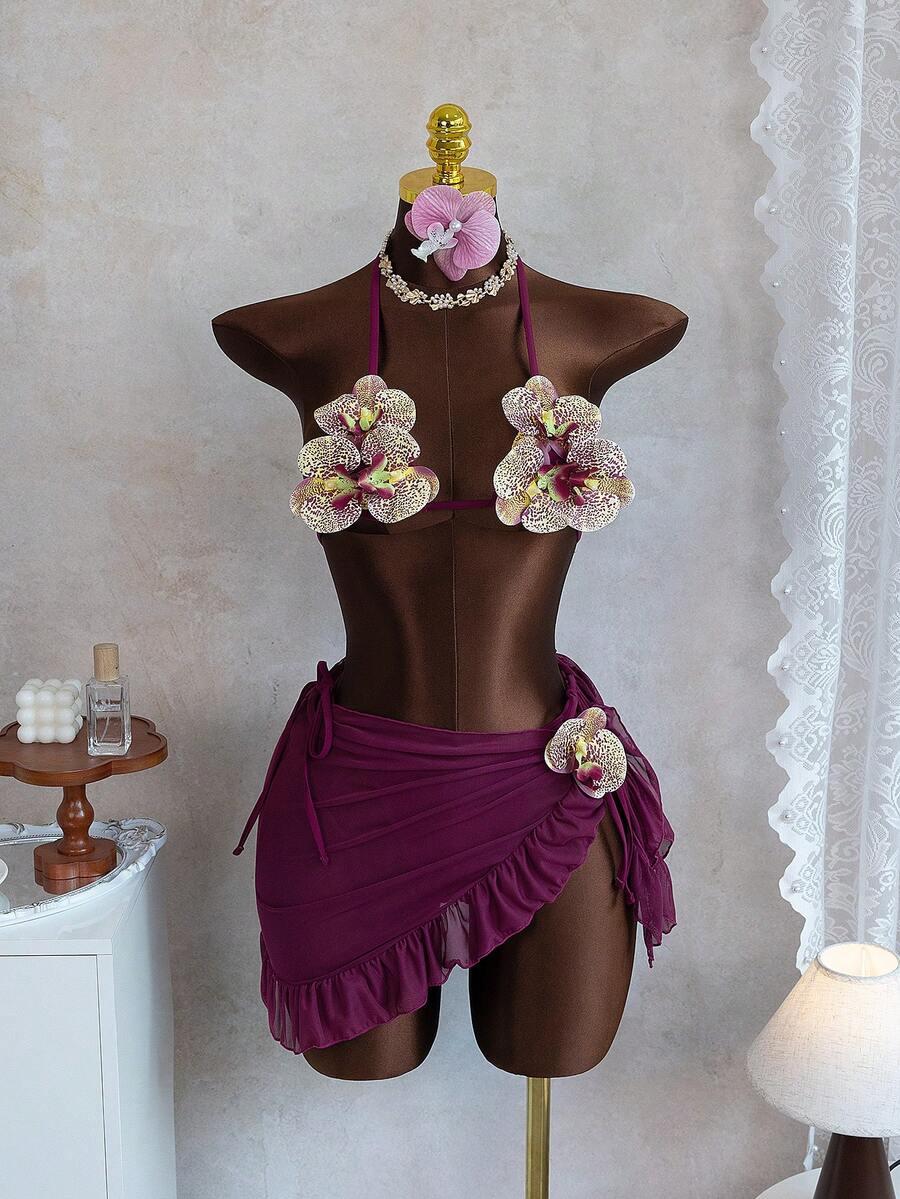 TRZYCZĘŚCIOWY KOMPLET BIKINI KWIAT 3D