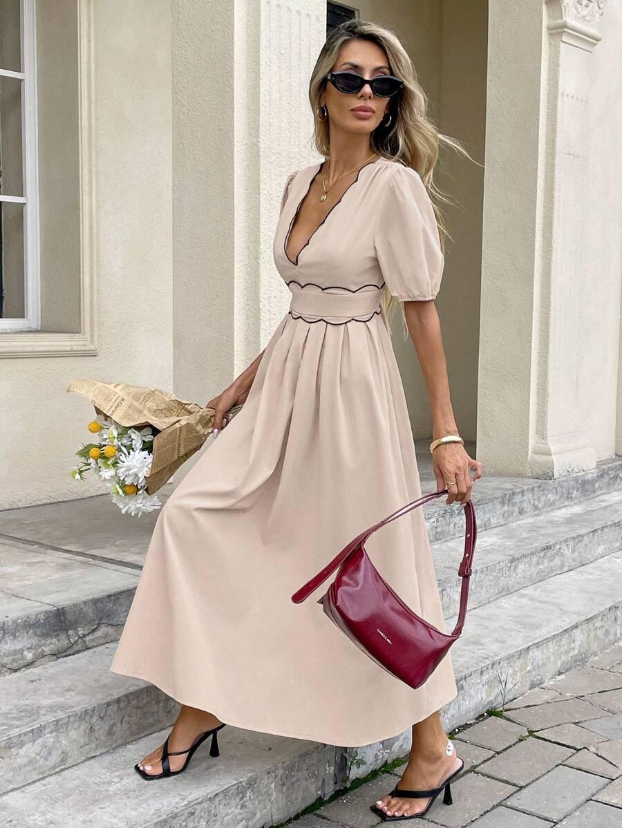 ELEGANCKA SUKIENKA MIDI Z GŁEBOKIM DEKOLTEM 