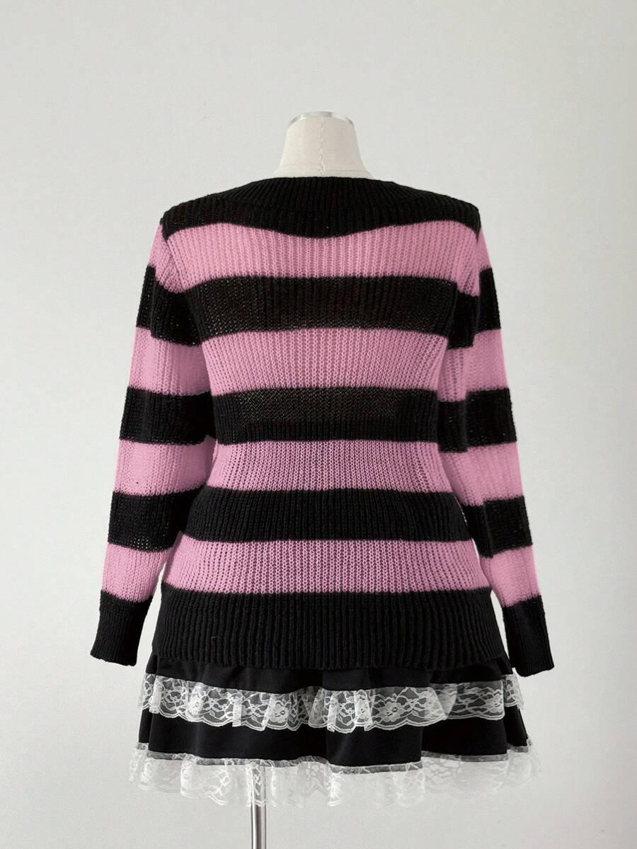 sweter ripped paski v-neck zip