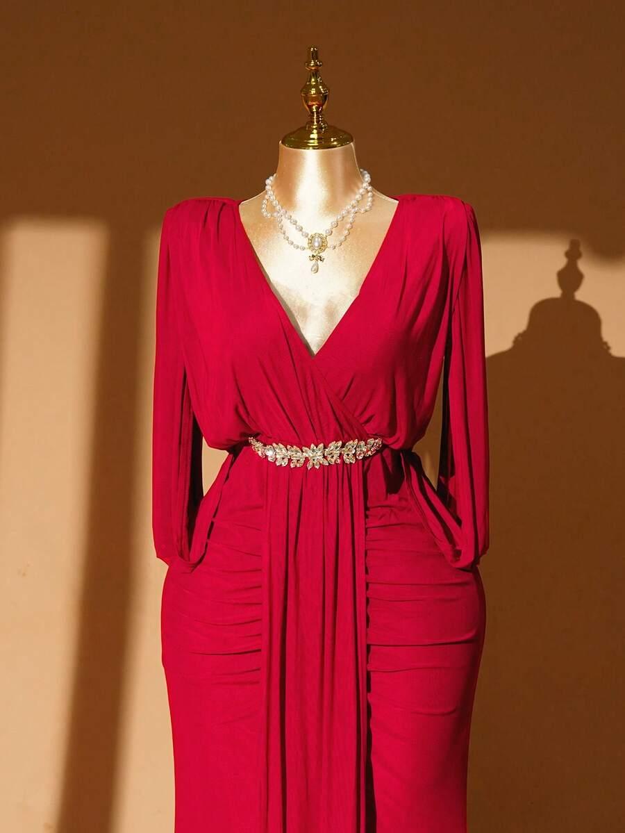 czerwona maxi sukienka v-neck