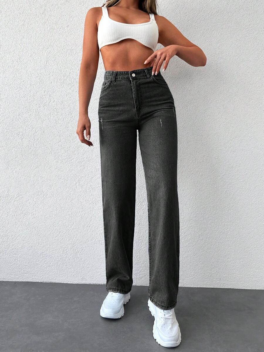 spodnie jeans proste nogawki wysoki stan ripped