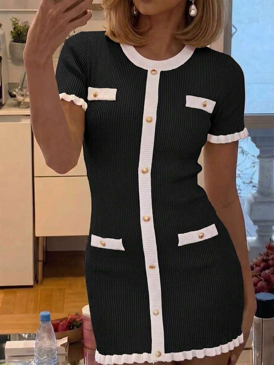 dzianinowa mini sukienka kontrast