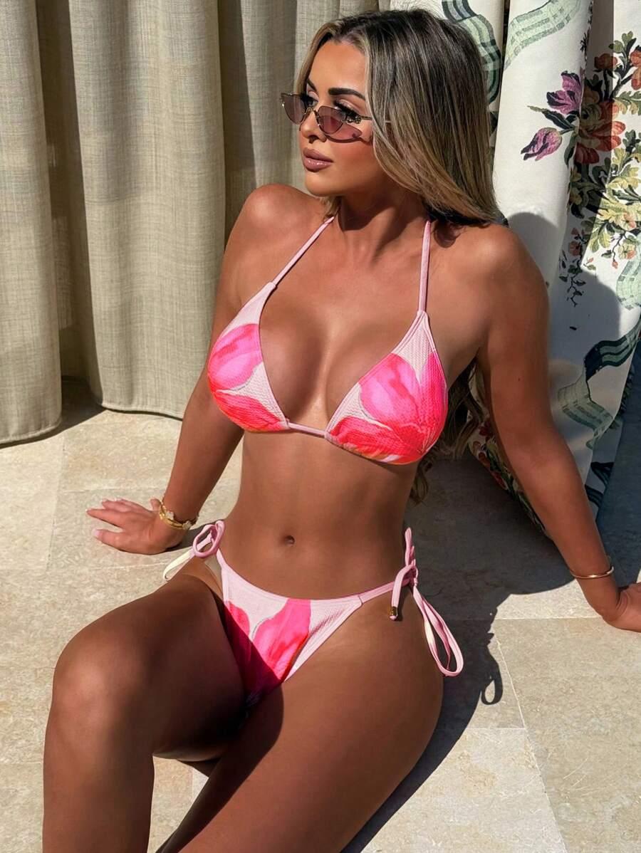 Różowa góra od bikini wiązana