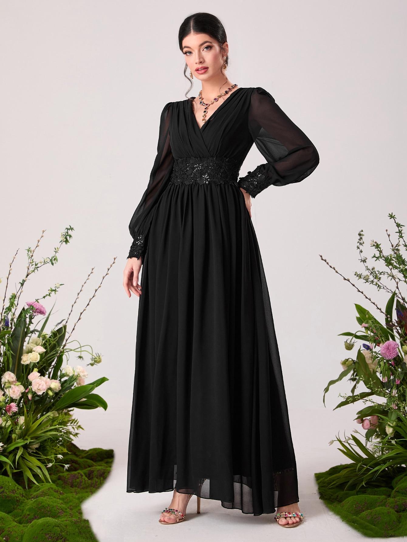 szyfonowa zdobiona czarna maxi sukienka cekiny haft