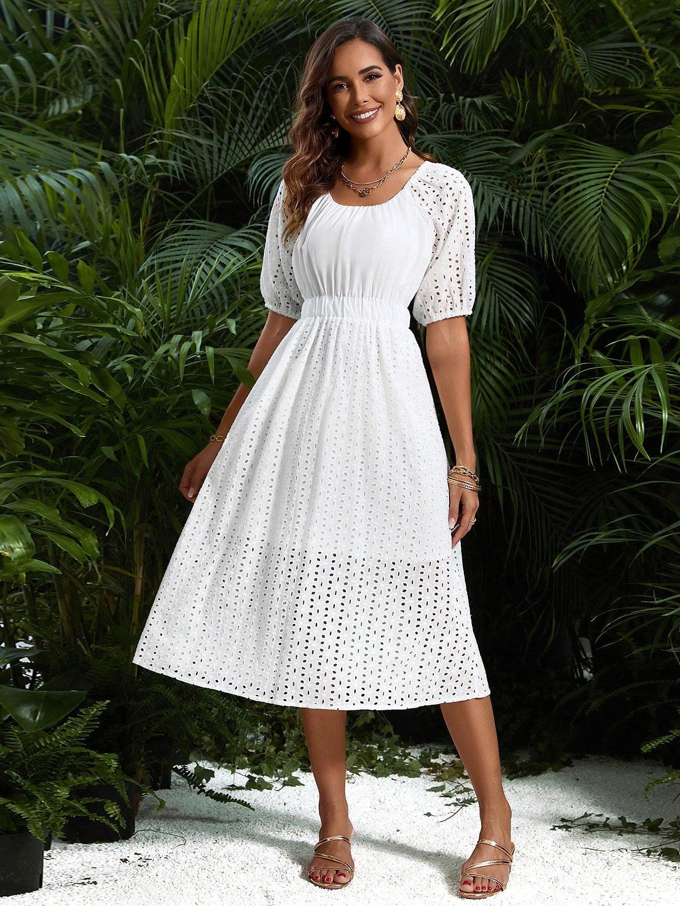 biała midi sukienka z krótkim rękawem boho haft
