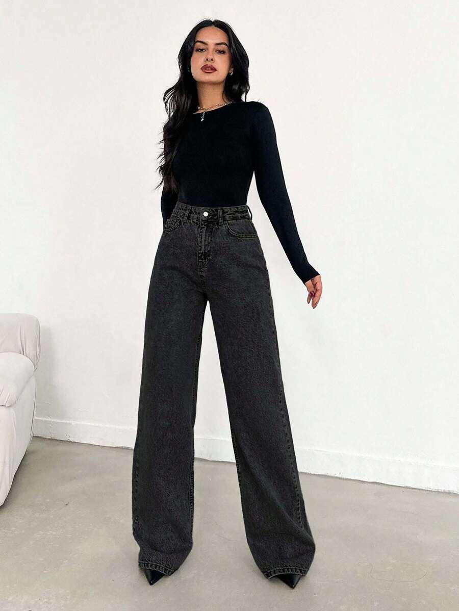 SZARE SPODNIE JEANS WYSOKI SATN