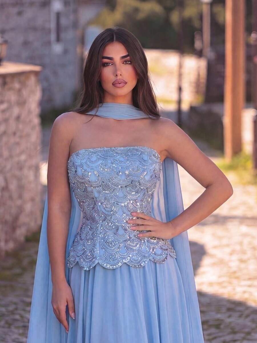NIEBIESKA MAXI SUKIENKA zdobienia