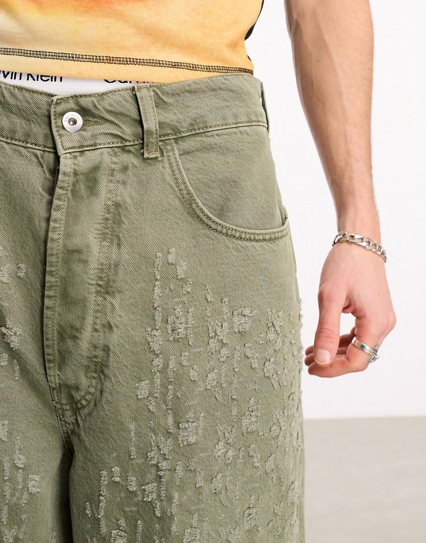 zielone spodnie jeans szerokie nogawki tekstura