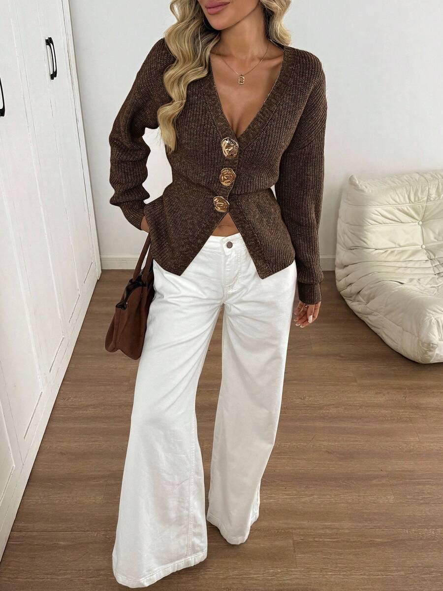 BRĄZOWY SWETER V-NECK