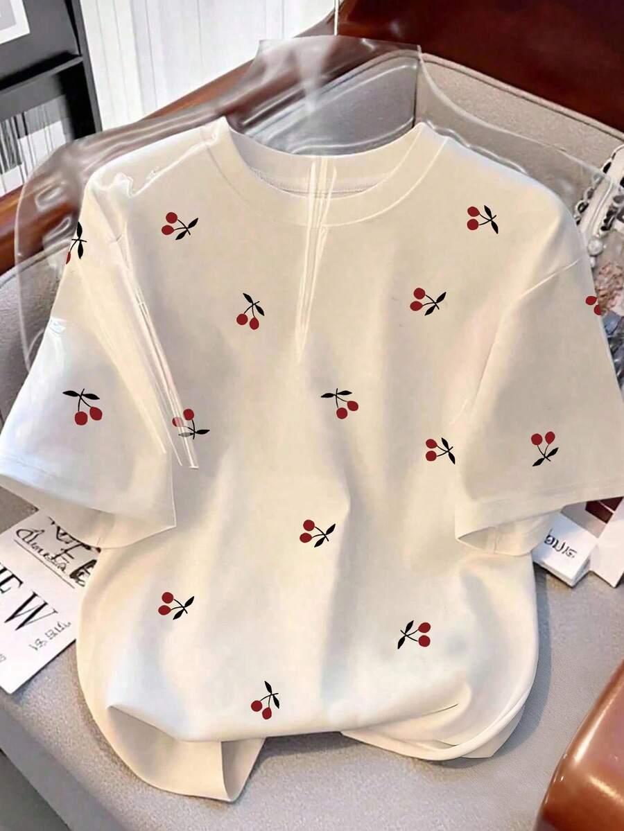 biały t-shirt wisienki 