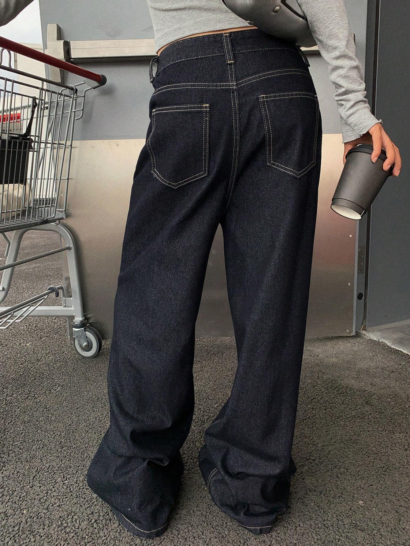 GRANATOWE SPODNIE JEANS PROSTA NOGAWKA 
