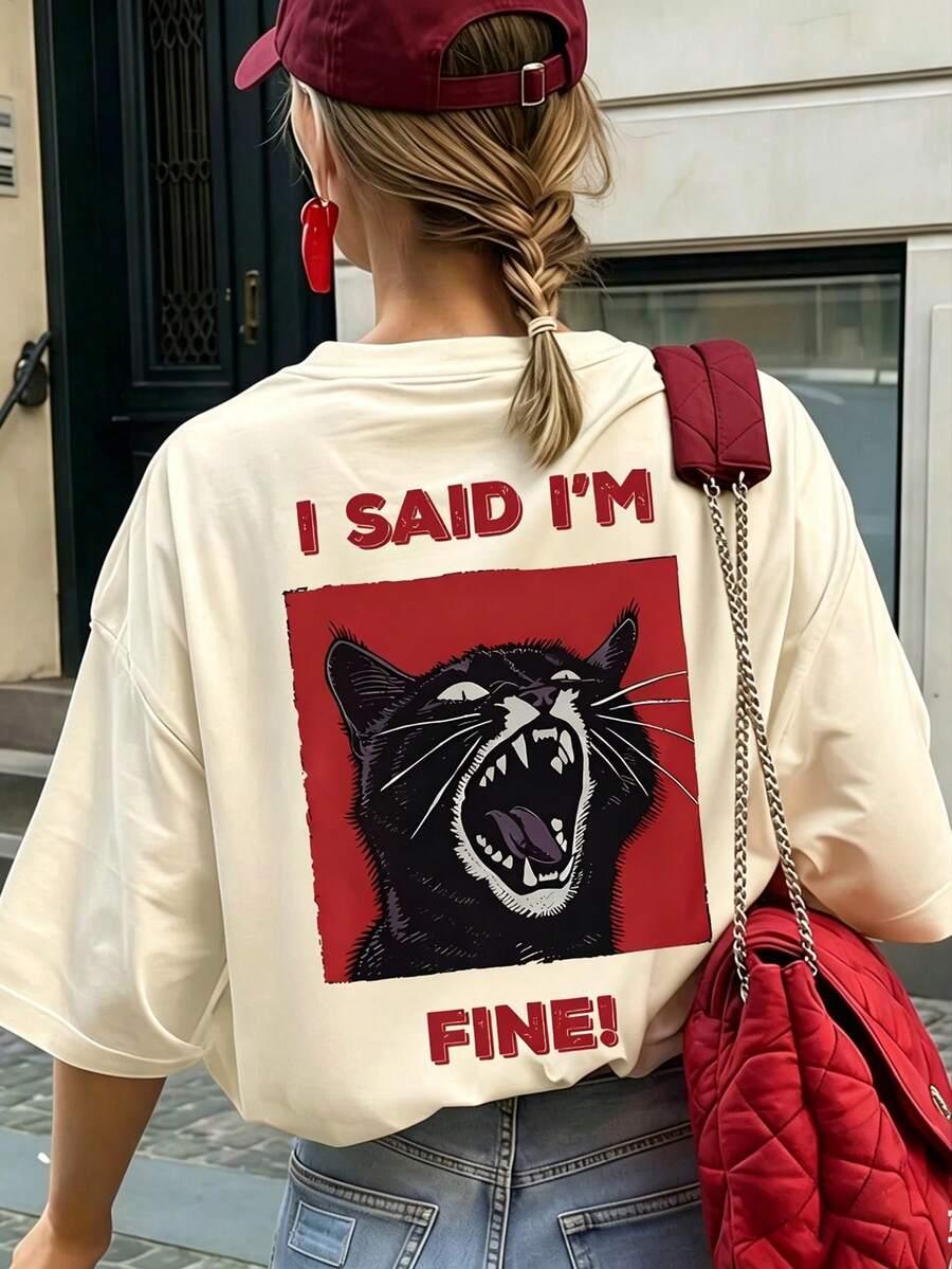 beżowy t-shirt okrągły dekolt nadruk