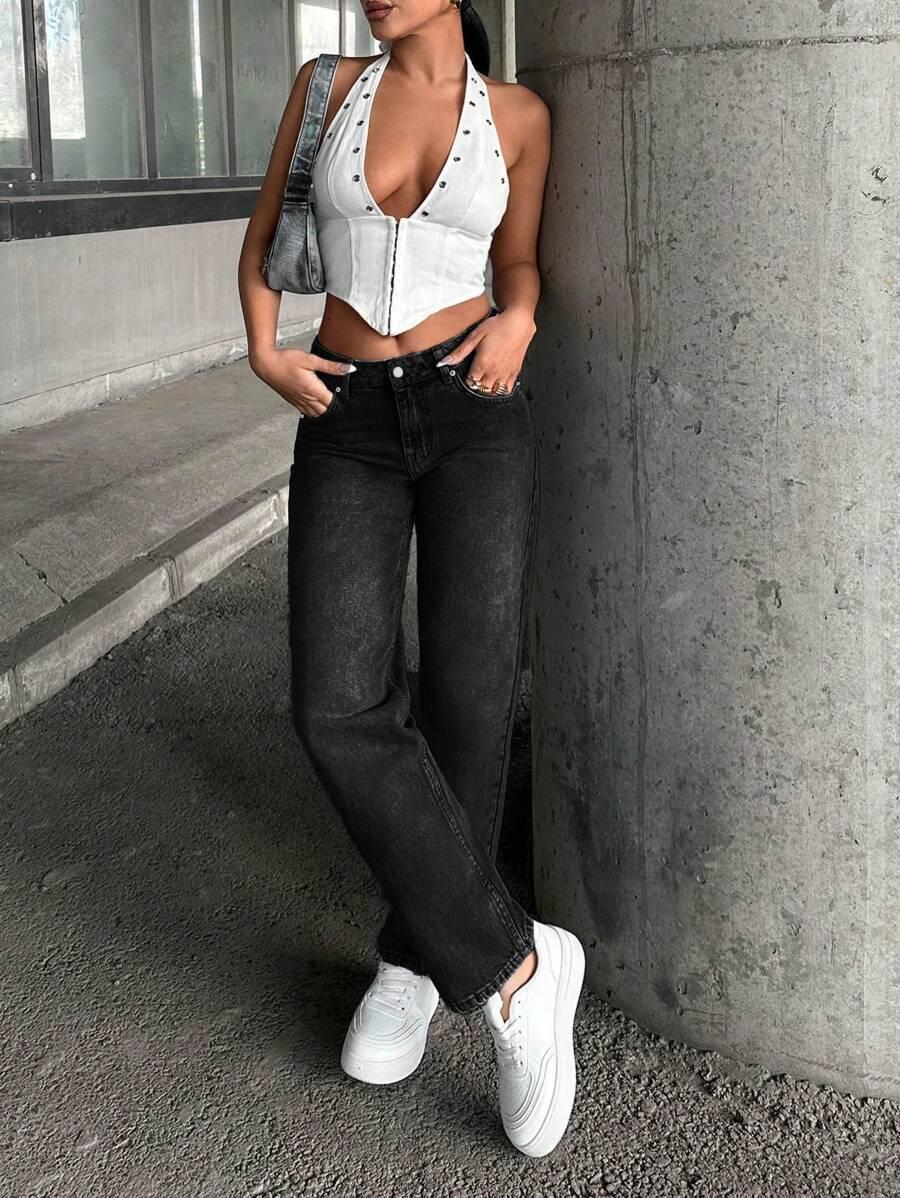 CZARNE PROSTE SPODNIE JEANS